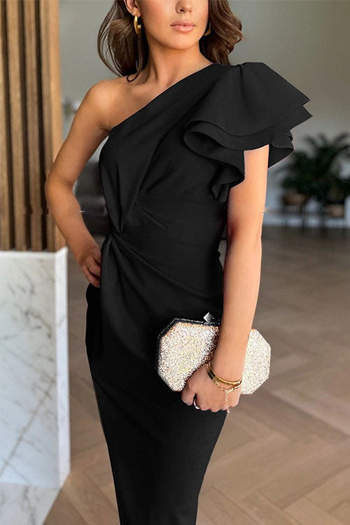 Elegante Off-Shoulder Midi Jurk met Ruches en Split – Perfect voor Feestelijke Gelegenheden