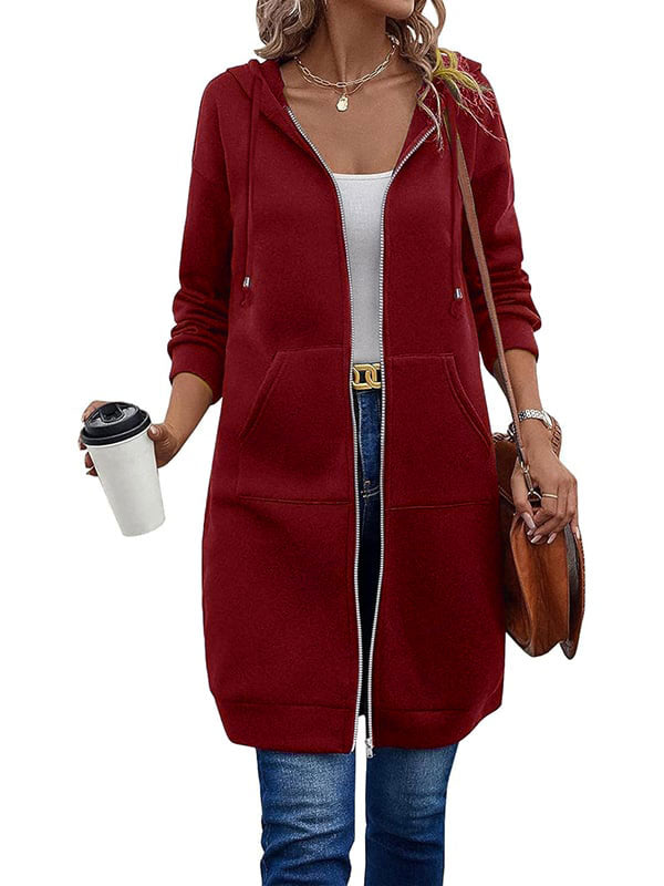 Knielange Dames Fleece Hoodie met Rits – Comfortabele Lange Sweatshirt met Zakken