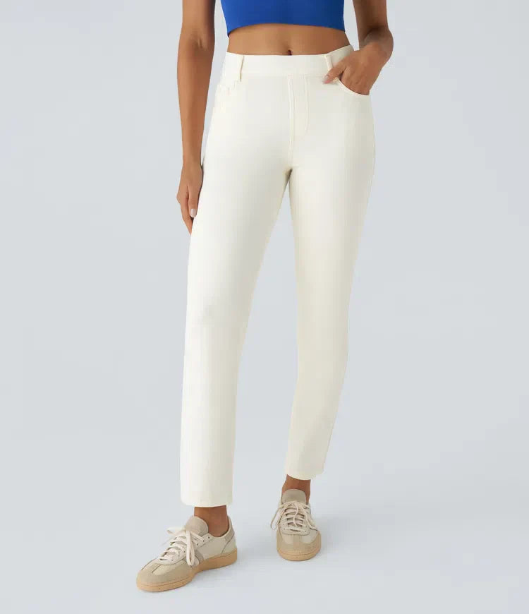 Dames Hoge Taille Stretch Broek – Comfortabele Slim Fit met Zakken