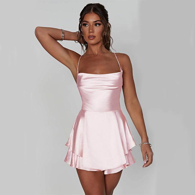Elegante Satijnen A-Lijn Avondjurk met Verstelbare Bandjes & Open Rug met Veters – Zomerfeest & Cocktailjurk