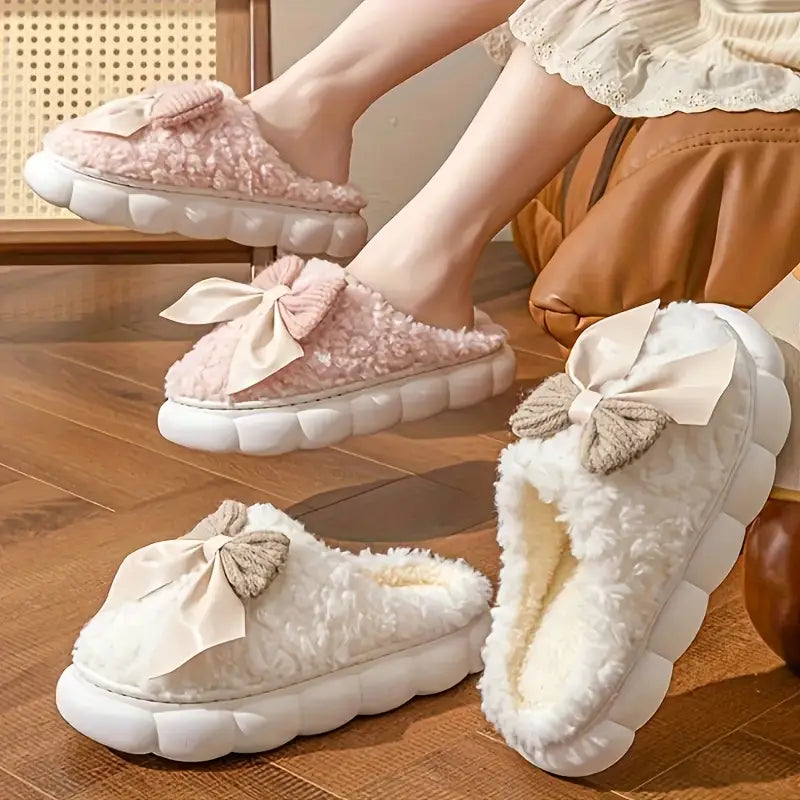 Gezellige Herfst-Winter Pantoffels voor Dames – Fluwelen Binnenvoering met Schattig Strikje