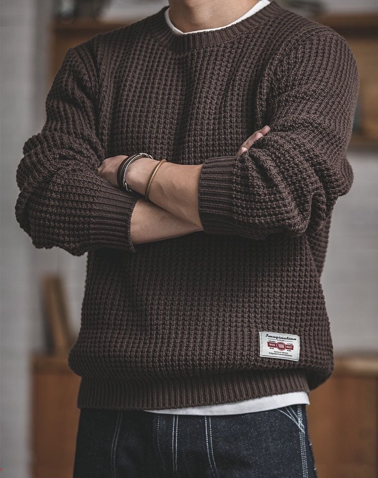 Retro Heren Wol Trui – Losse Pasvorm Ronde Hals Gebreide Pullover voor Herfst & Winter