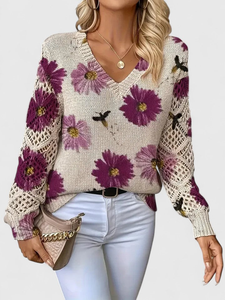 Elegante Bloementrui met Luchtige Mouwen en Zachte V-Hals