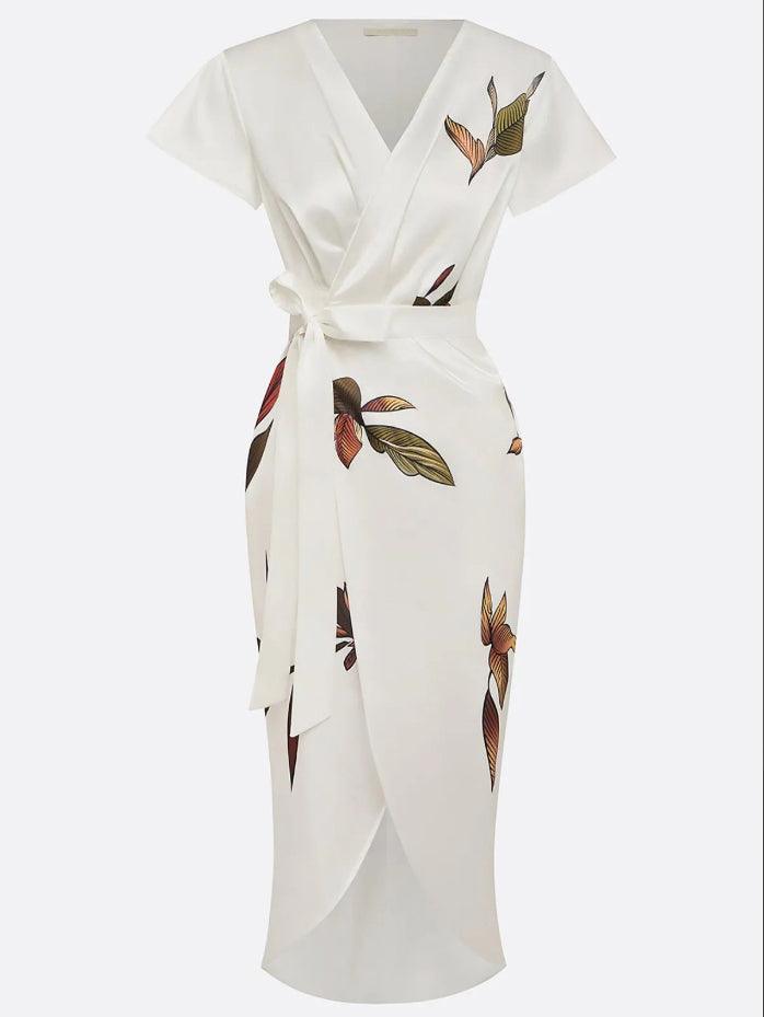 Satijnen Wrap Midi Jurk met Korte Mouwen en Subtiele Bladprint – Elegante Sheath Pasvorm voor Formele Gelegenheden