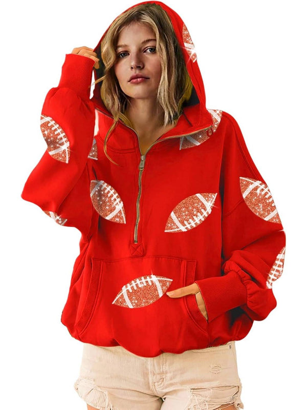Dames Game Day Hoodie – Glanzende Sequin Football Sweater met Capuchon & Zak