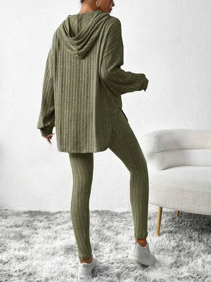 Geribde Tweedelige Loungewear Set – Oversized Hoodie met Hoge Taille Leggings