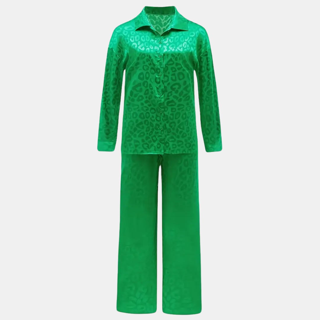 Elegante Satijnen Dames Pyjamaset – Blouse met Kraag & Wijde Pijpen Broek