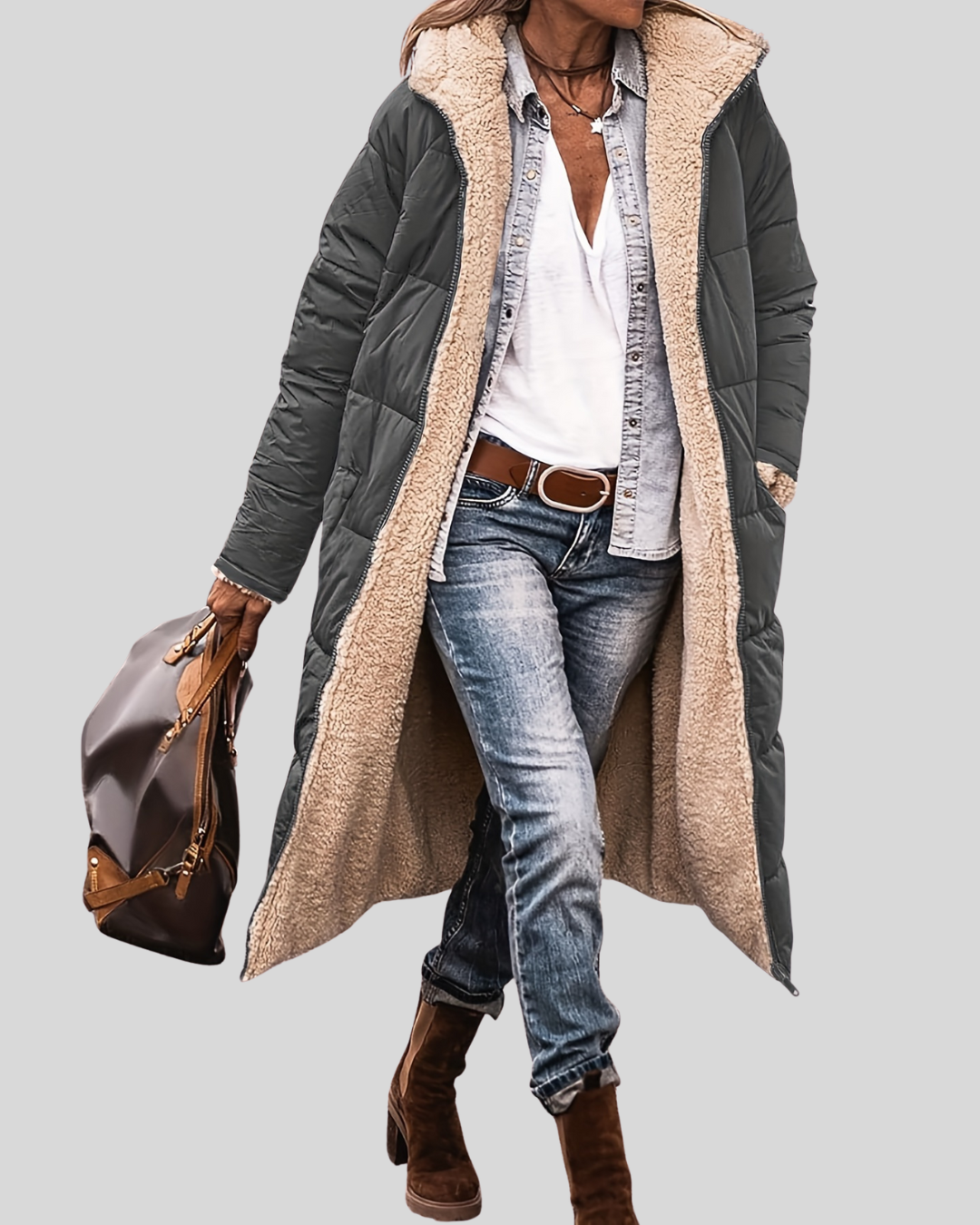 Lange Herfstjas met Warme Teddyvoering – Stijlvolle & Comfortabele Damesjas voor de Herfst