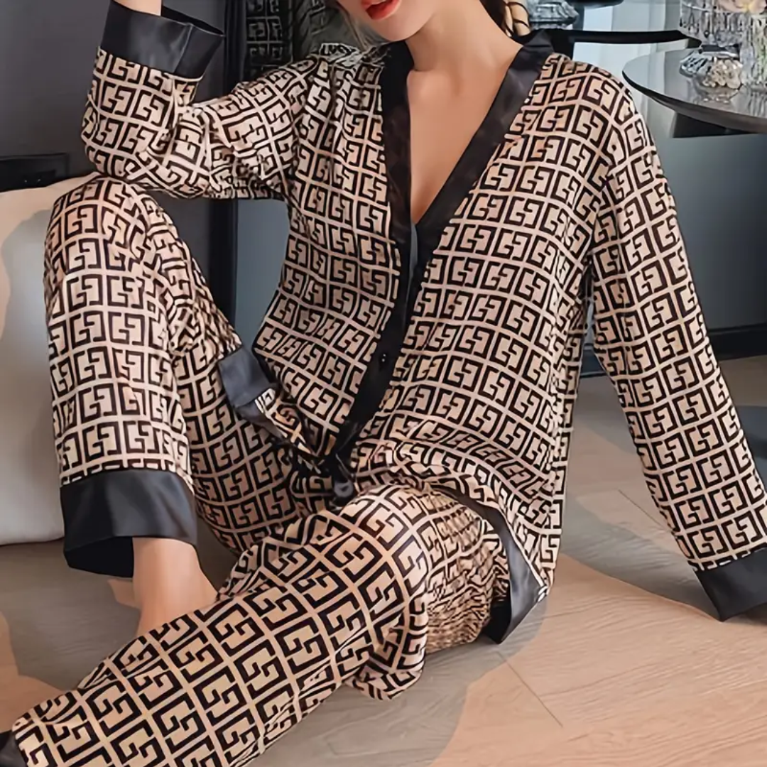 Dames IJszijde Pyjama Set – Satijnlook Loungewear met V-Hals Cardigan en Lange Mouwen – Lichtgewicht & Ademend