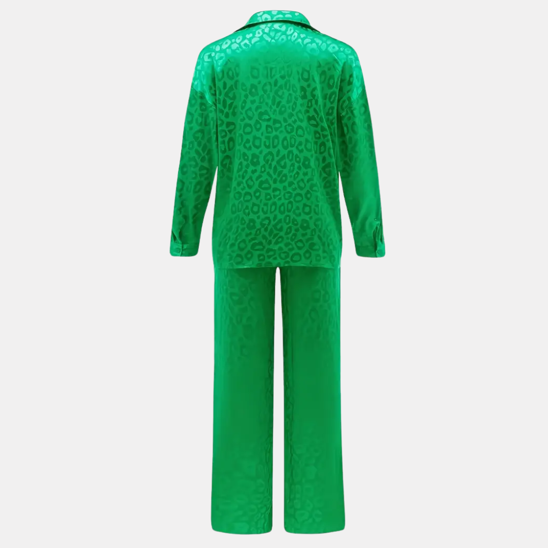 Elegante Satijnen Dames Pyjamaset – Blouse met Kraag & Wijde Pijpen Broek