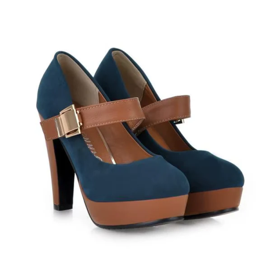 Modern Block Heel – Elegante Suède-Inspiratie met Goudkleurige Gesp en Ultiem Comfort