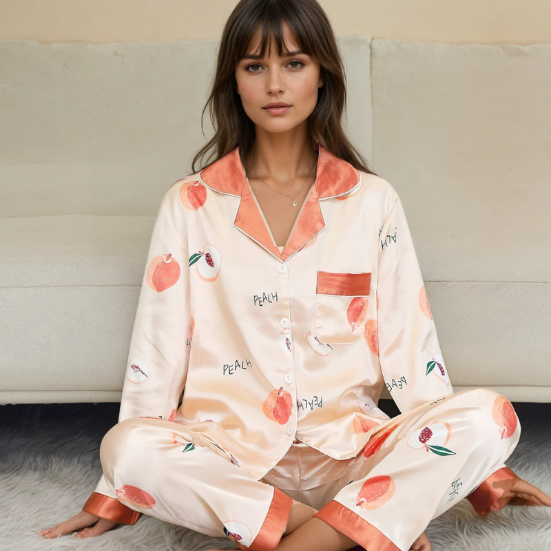 Dames IJszijde Pyjama Set – Zomer Loungewear met Lange Mouwen en Broek in Imitatiezijde