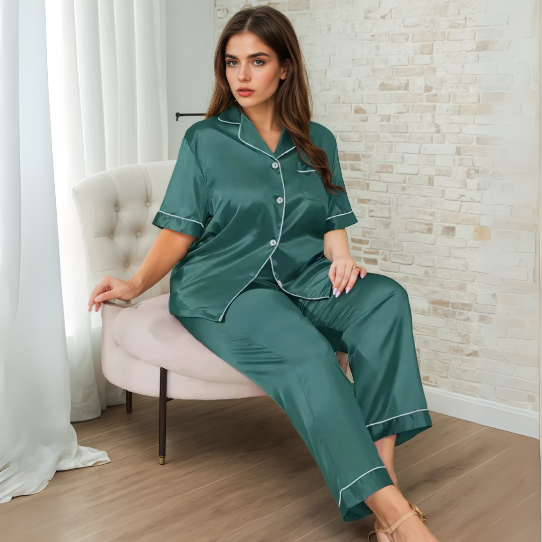 Zijde Nachtkleding Set voor Dames in Grote Maten – Lichtgewicht Ademend Shirt en Lange Broek voor Comfortabel Zomers Thuisloungen
