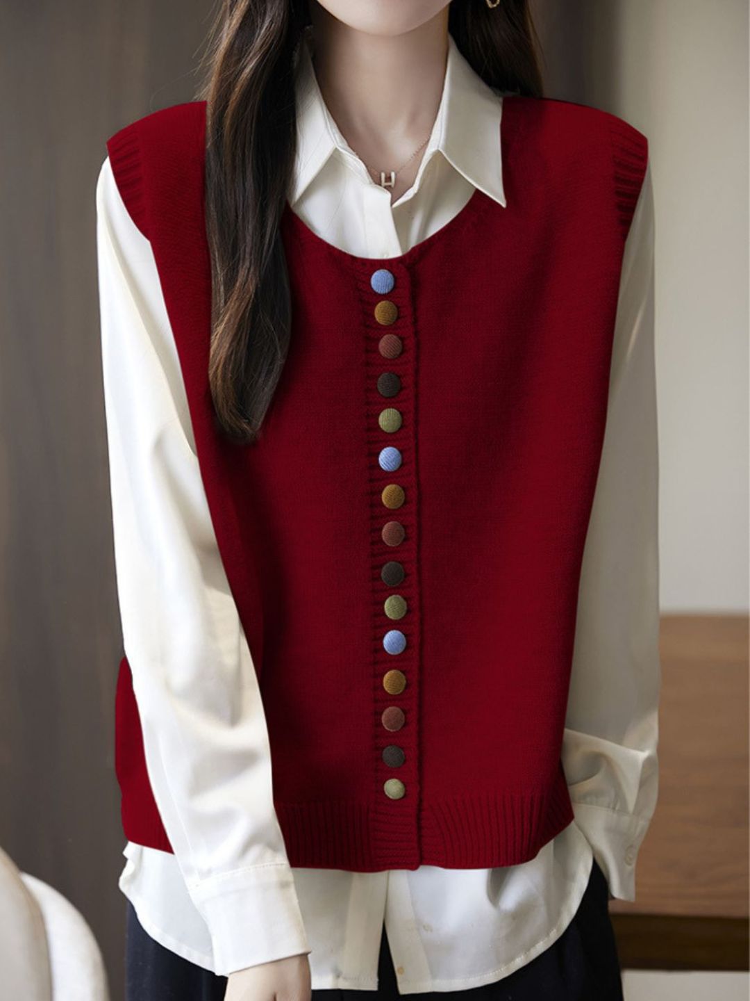 Dames Mouwloos Gebreid Sweater Vest – Losse Pasvorm Trui met Kleurrijke Knopen
