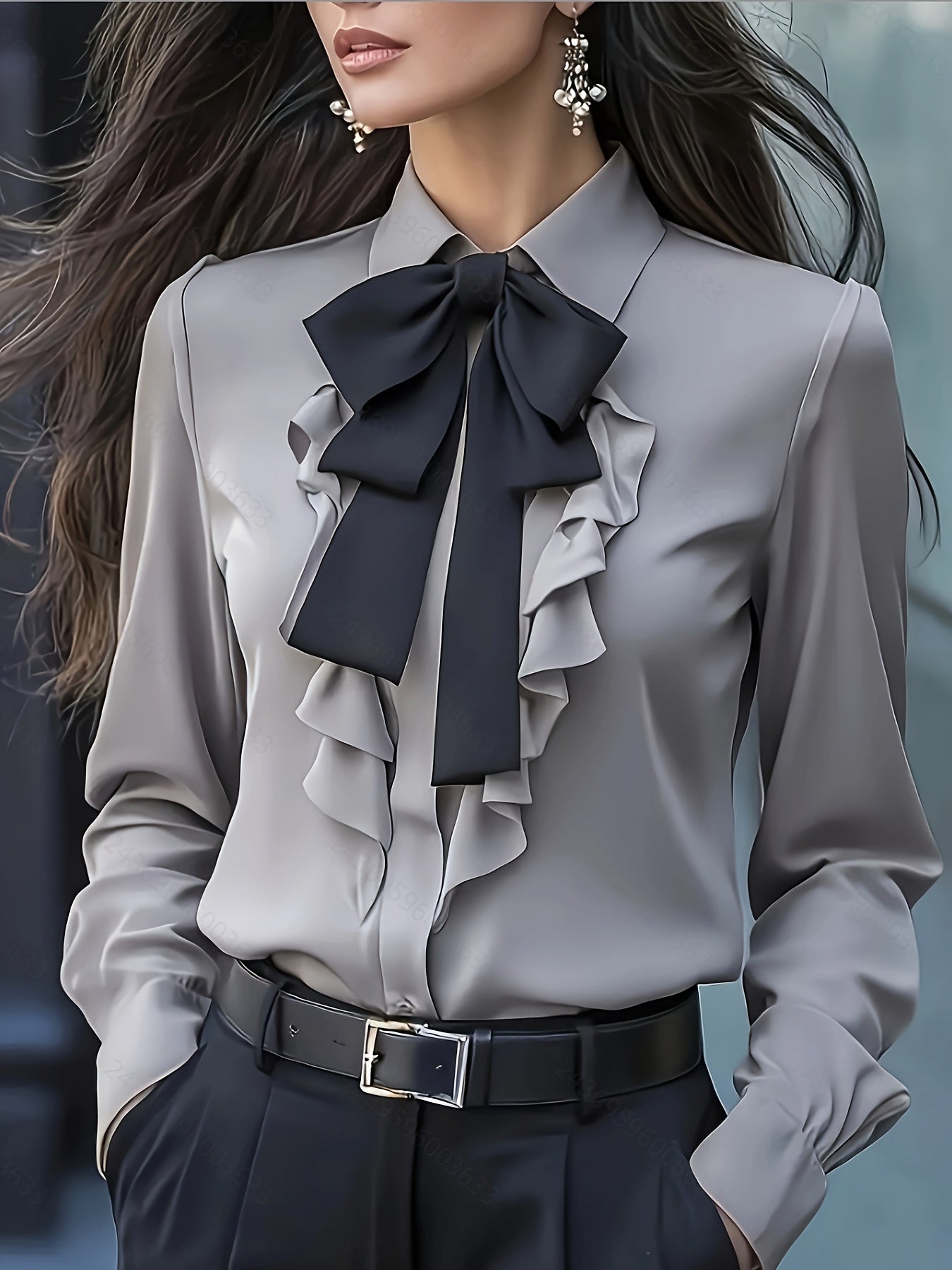 Langsleeve Blouse Met Knoopsluiting En Gerimpelde Strik – Elegante Damesblouse Voor Zakelijk & Casual