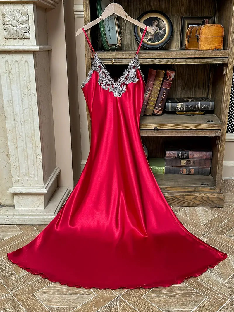 Arabella Elegant Faux Silky Maxi Nightgown with Lace Detailing