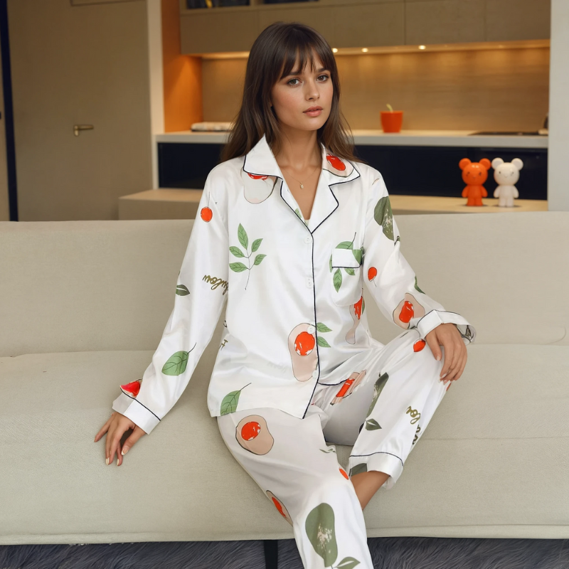 Dames IJszijde Pyjama Set – Zomer Loungewear met Lange Mouwen en Broek in Imitatiezijde