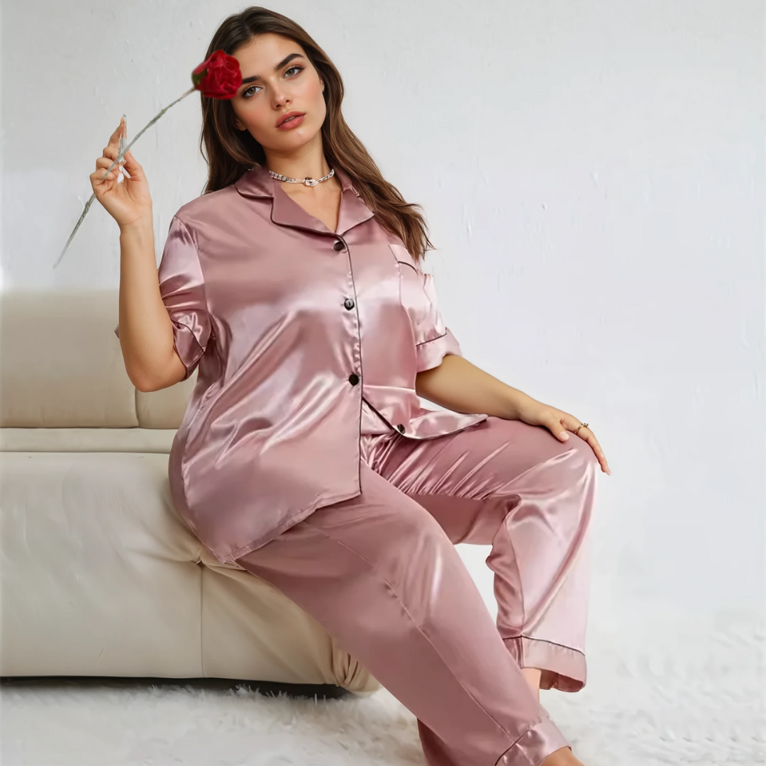 Zijde Nachtkleding Set voor Dames in Grote Maten – Lichtgewicht Ademend Shirt en Lange Broek voor Comfortabel Zomers Thuisloungen