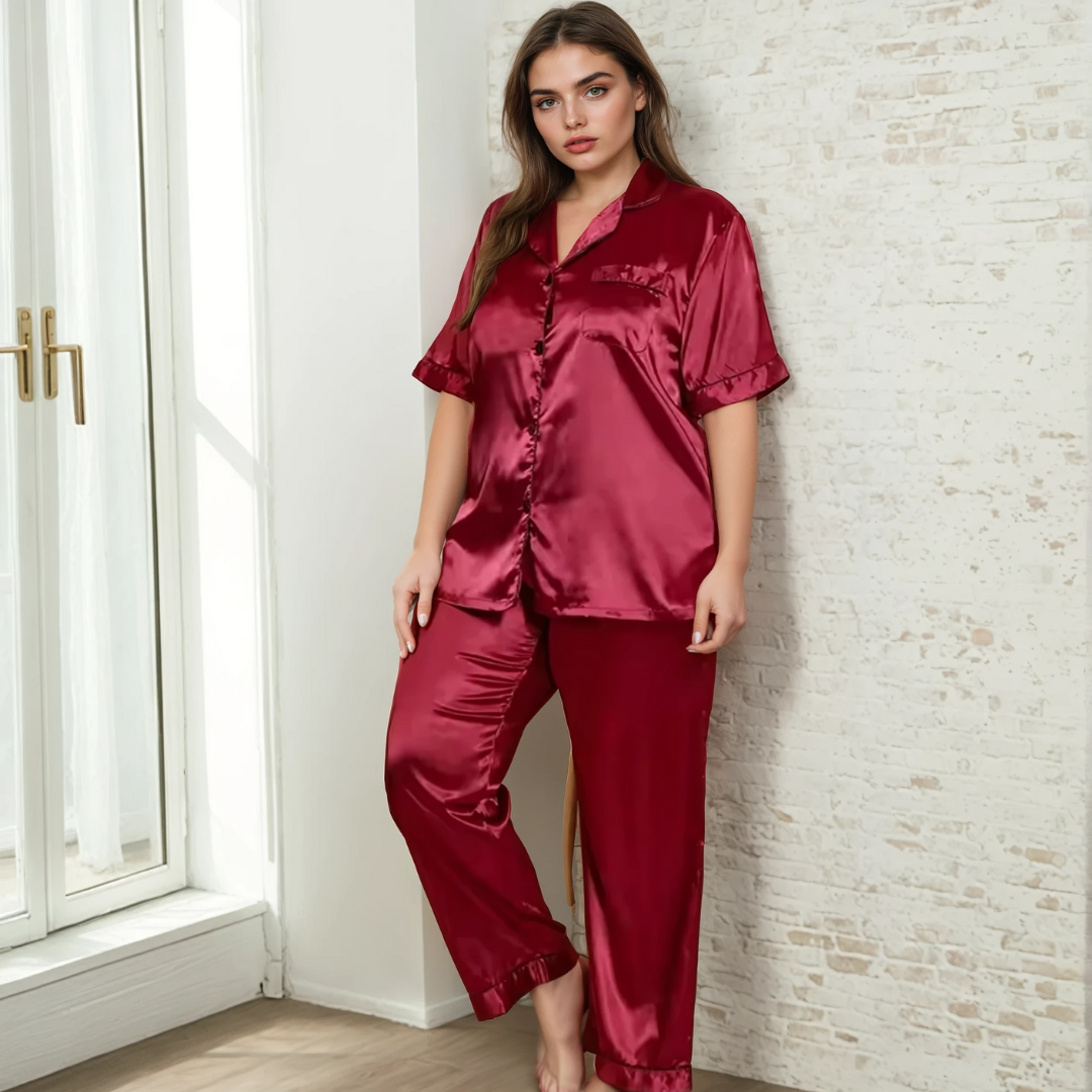Zijde Nachtkleding Set voor Dames in Grote Maten – Lichtgewicht Ademend Shirt en Lange Broek voor Comfortabel Zomers Thuisloungen