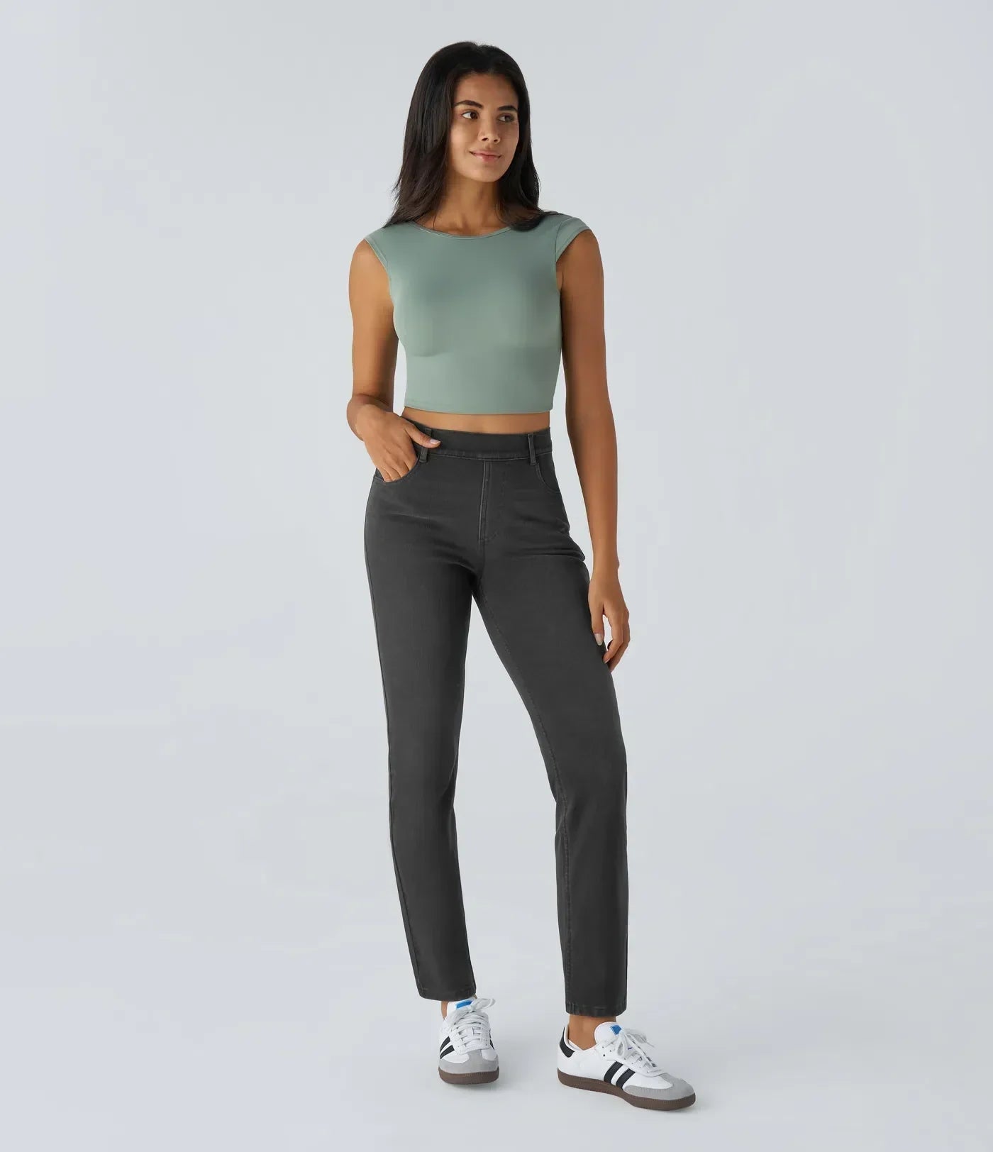 Dames Hoge Taille Stretch Broek – Comfortabele Slim Fit met Zakken