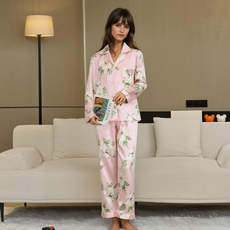 Dames IJszijde Pyjama Set – Zomer Loungewear met Lange Mouwen en Broek in Imitatiezijde