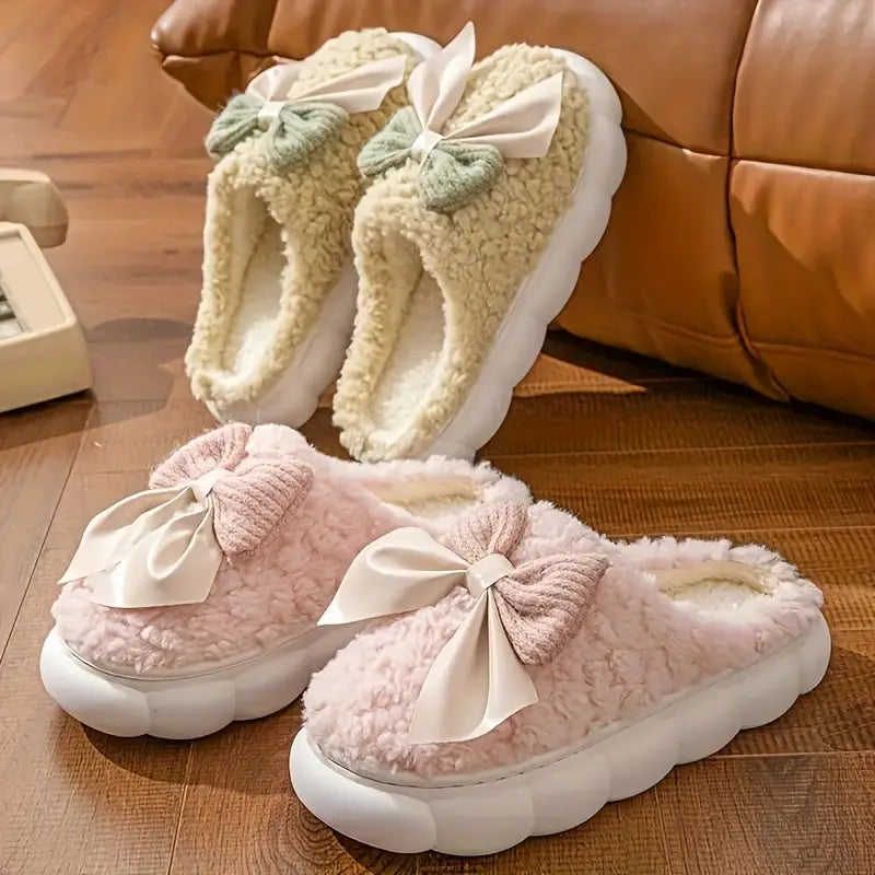 Gezellige Herfst-Winter Pantoffels voor Dames – Fluwelen Binnenvoering met Schattig Strikje