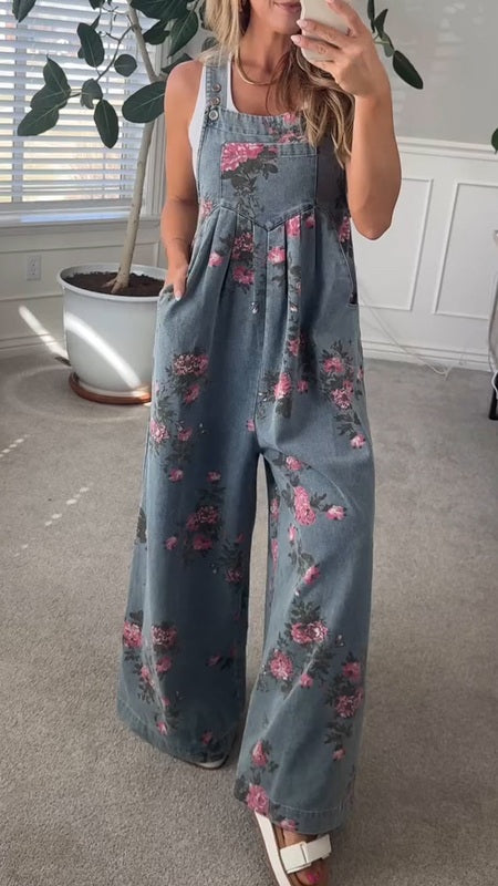 Dames Bedrukte Denim Overall met Zakken – Comfortabele Relaxed Fit voor Casual Dagen