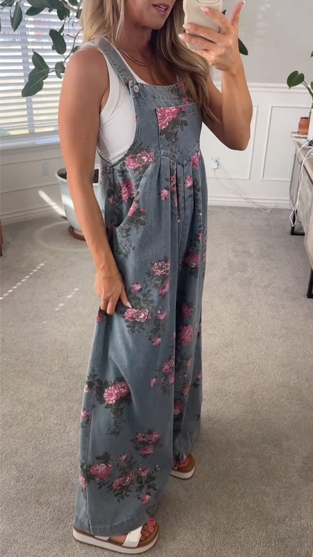 Dames Bedrukte Denim Overall met Zakken – Comfortabele Relaxed Fit voor Casual Dagen