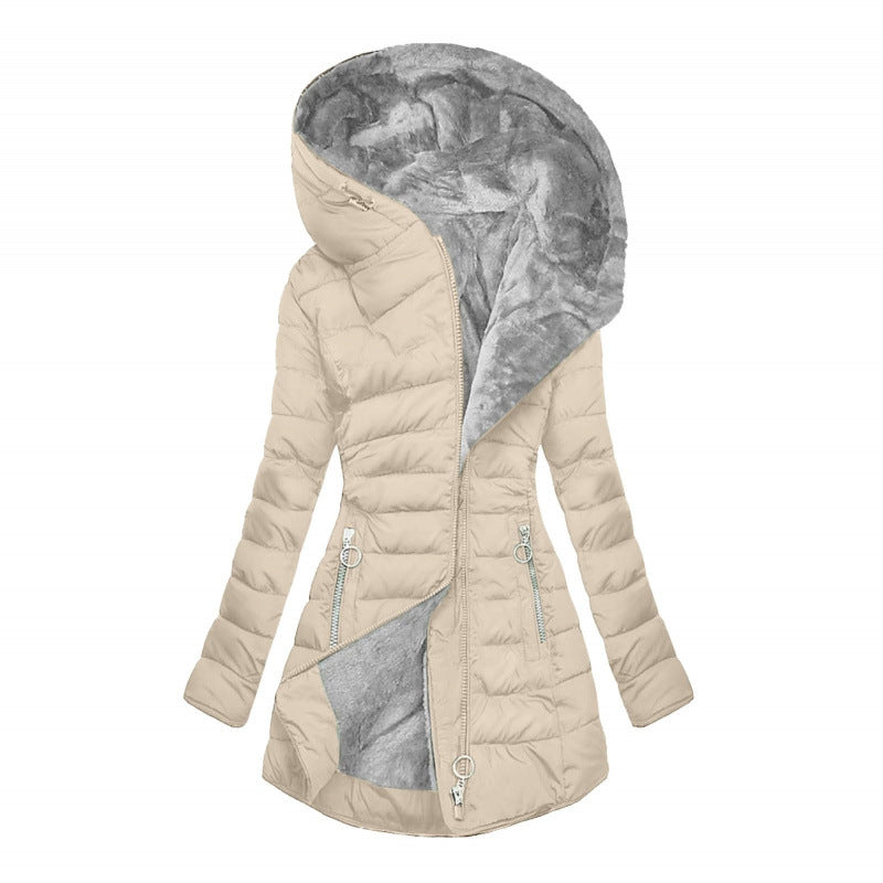 Dames Gewatteerde Winterjas met Capuchon – Middellange Jas met Warme Pluche Voering
