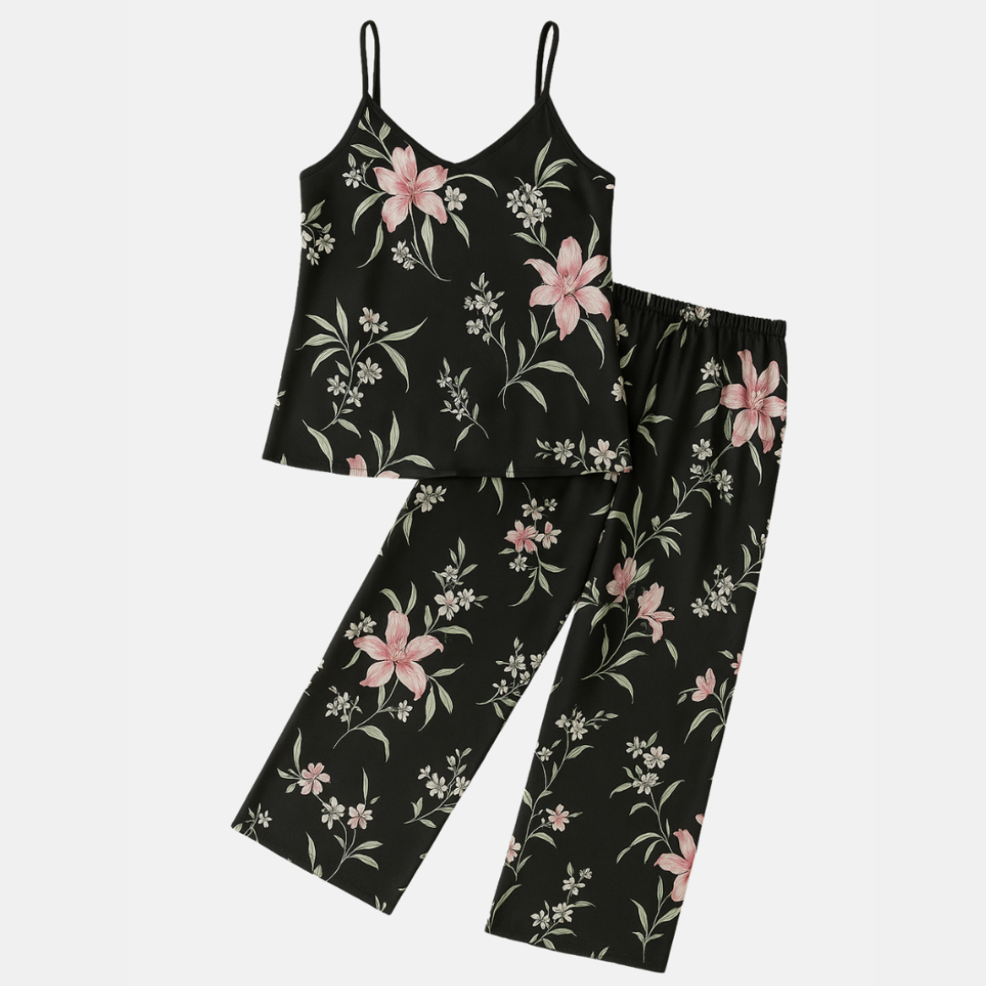 Dames Zijdeachtige Pyjamaset – Effen Cami Top met Ronde Hals & Elastische Broek voor Dagelijks Comfort