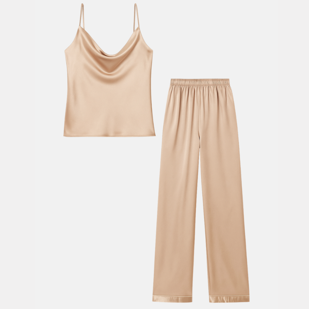 Luxe Dames Pyjamaset van Moerbei Zijde – V-Hals Cami Top & Lange Broek voor Slaap & Lounge