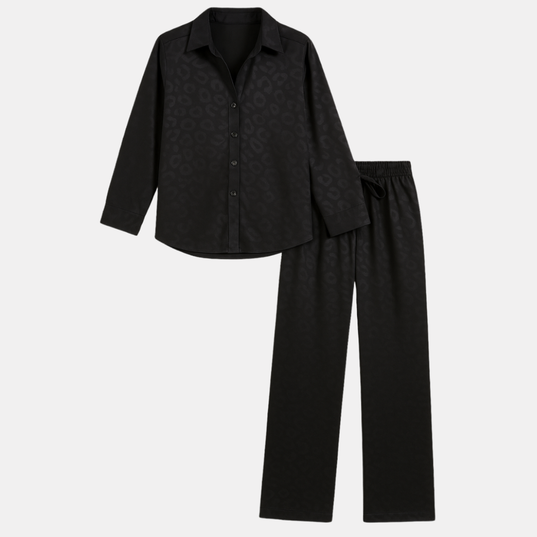 Elegante Satijnen Dames Pyjamaset – Blouse met Kraag & Wijde Pijpen Broek