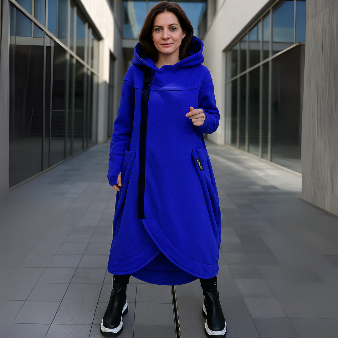Hoodie Jurk met Lange Mouwen en Asymmetrische Zoom – Comfortabel & Stijlvol