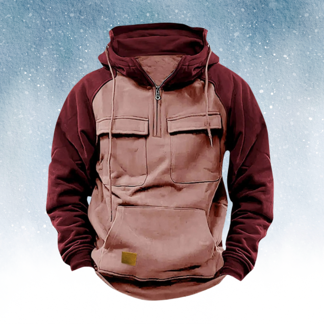 Multifunctionele Winter Hoodie voor Heren – Warme & Stijlvolle Kleurblok Hoodie met Praktische Zakdetails