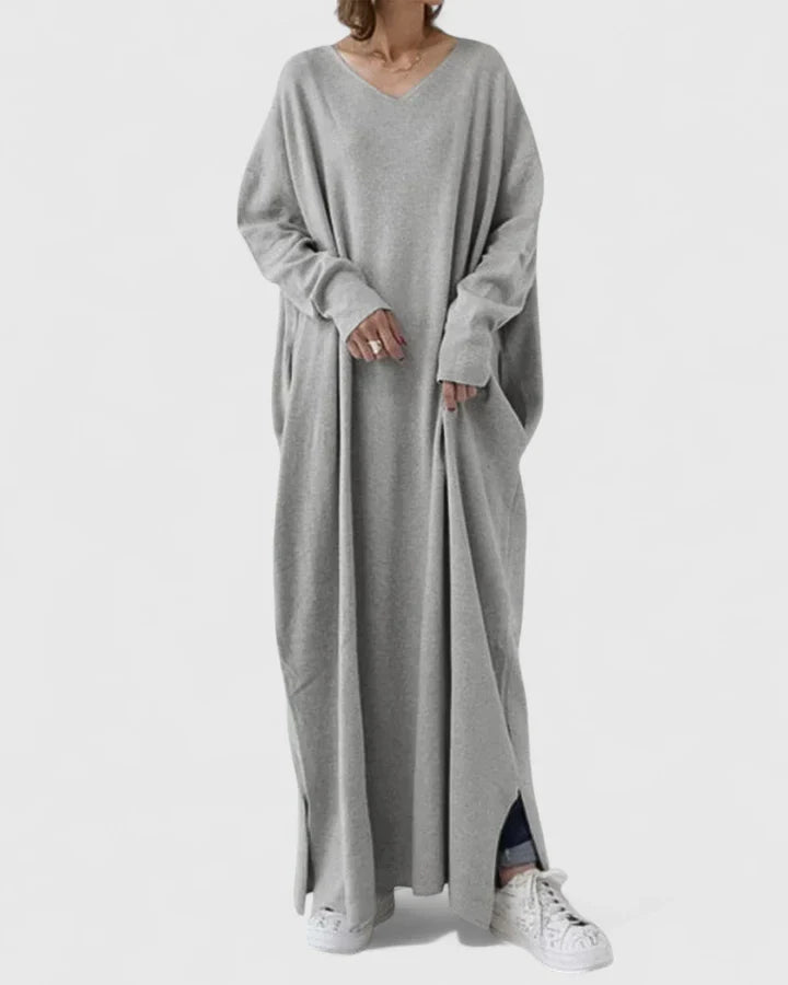 Comfortabele Lange Mouwen V-Hals Jurk – Luchtig, Minimalistisch & Elegante Dagelijkse Stijl