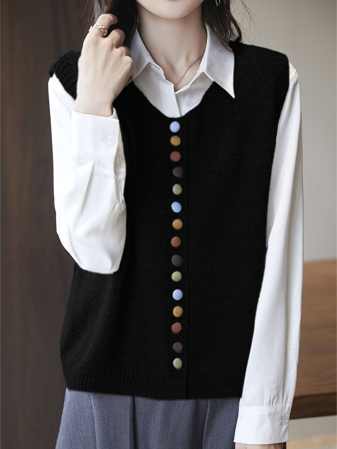 Dames Mouwloos Gebreid Sweater Vest – Losse Pasvorm Trui met Kleurrijke Knopen