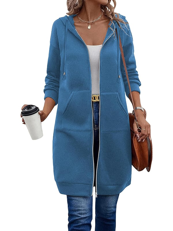 Knielange Dames Fleece Hoodie met Rits – Comfortabele Lange Sweatshirt met Zakken