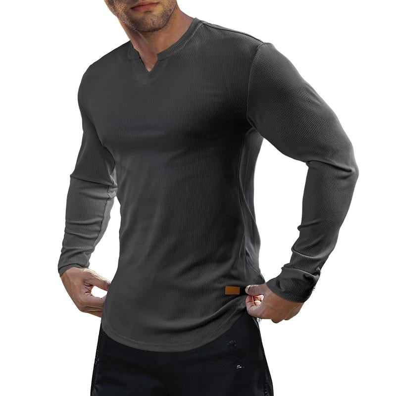 Heren Slim Fit Geribd Longsleeve Shirt – Casual Katoenen V-hals Top