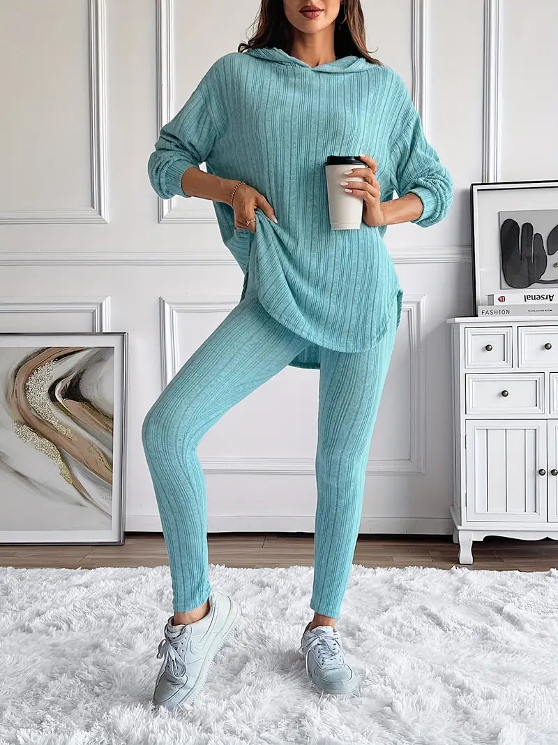 Geribde Tweedelige Loungewear Set – Oversized Hoodie met Hoge Taille Leggings