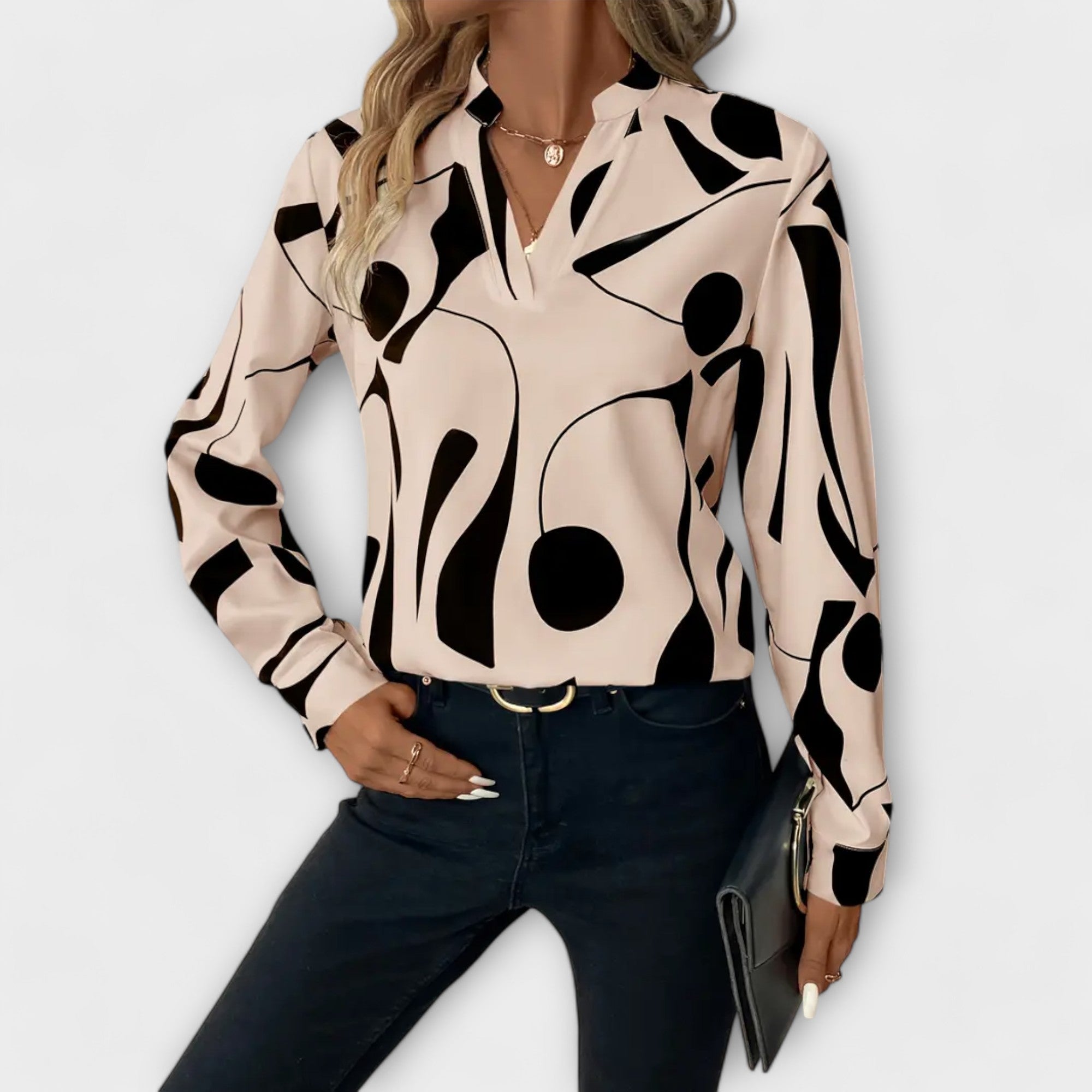 Elegante Dames Blouse met Lange Mouwen & V-Hals – Geometrisch Design | Voorjaars- & Zomercollectie