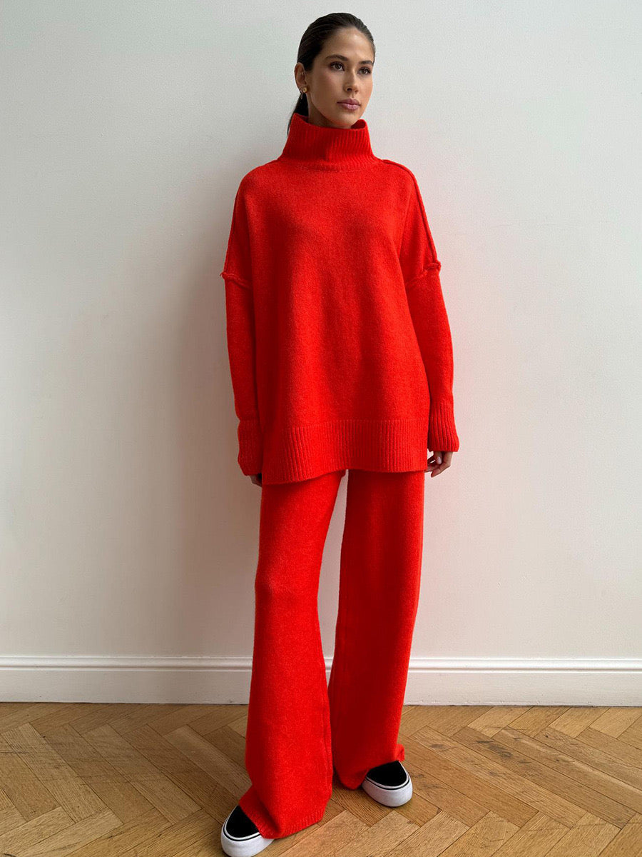 Effen Gebreid Set met Coltrui – Comfortabele Trui & Broek in Tijdloze Stijl