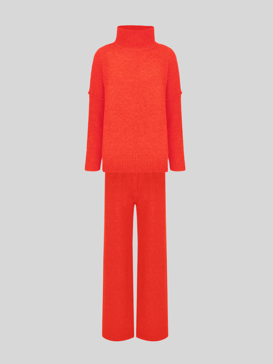 Effen Gebreid Set met Coltrui – Comfortabele Trui & Broek in Tijdloze Stijl