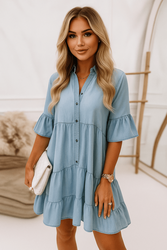 Lichte Zomerjurk met Denim-Look en V-Hals – Casual A-Lijn met Ruches en Halve Mouw
