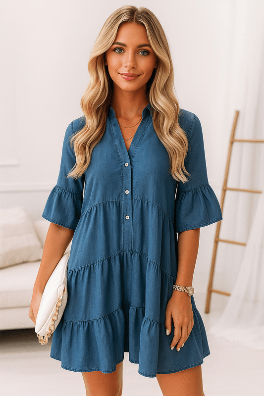 Lichte Zomerjurk met Denim-Look en V-Hals – Casual A-Lijn met Ruches en Halve Mouw
