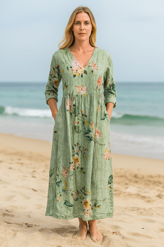 Lange Zomerjurk met Bloemen en Korte Mouwen – Ademend en Elegant voor Warme Dagen