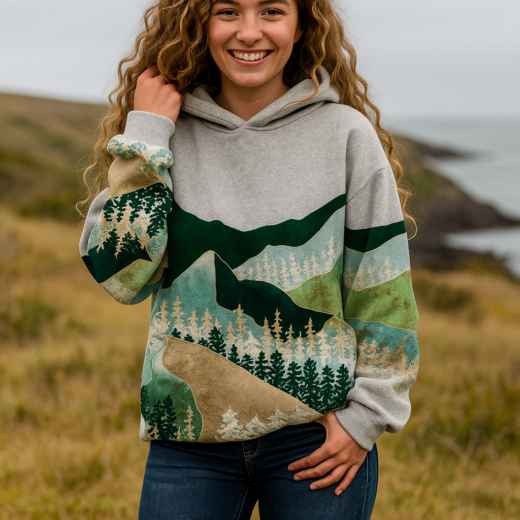 Louise | Harajuku Hoodie met Berglandschapprint – Stijlvol, Artistiek & Comfortabel