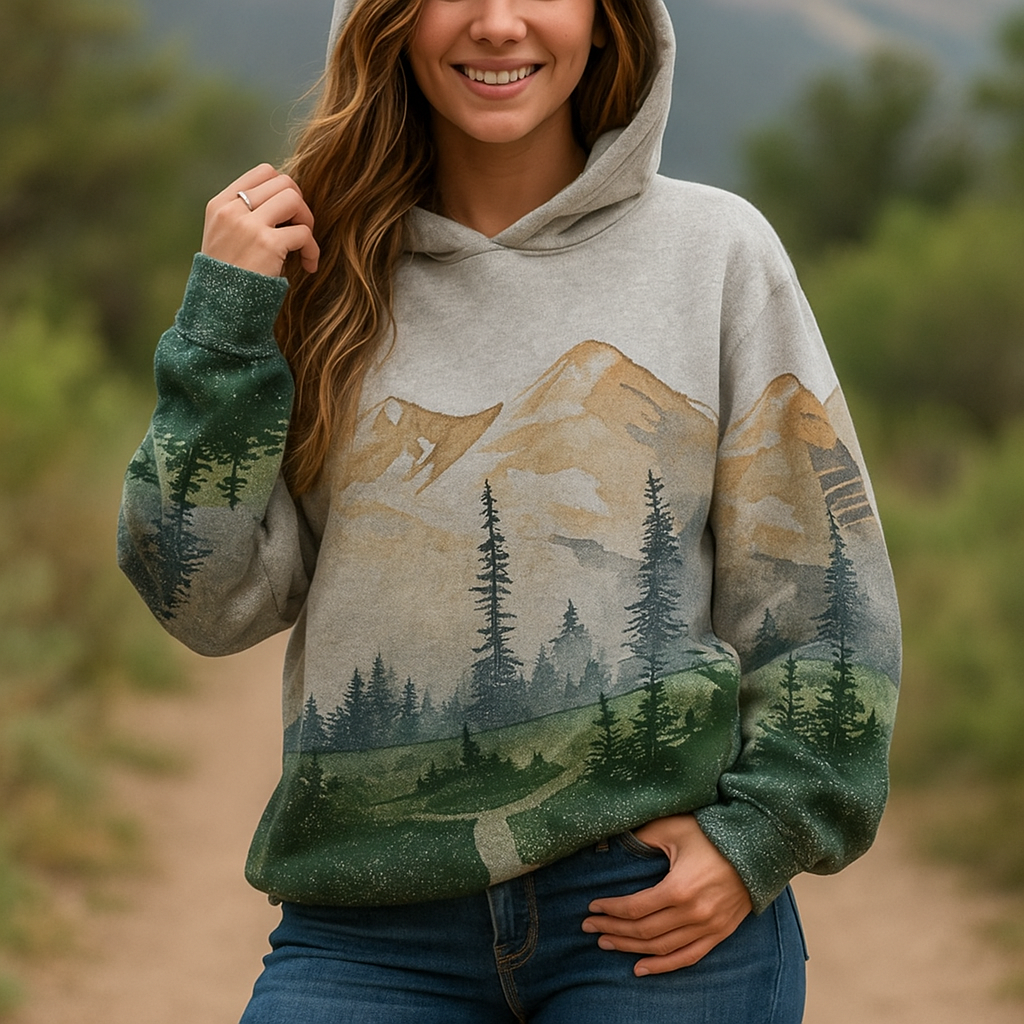 Louise | Harajuku Hoodie met Berglandschapprint – Stijlvol, Artistiek & Comfortabel