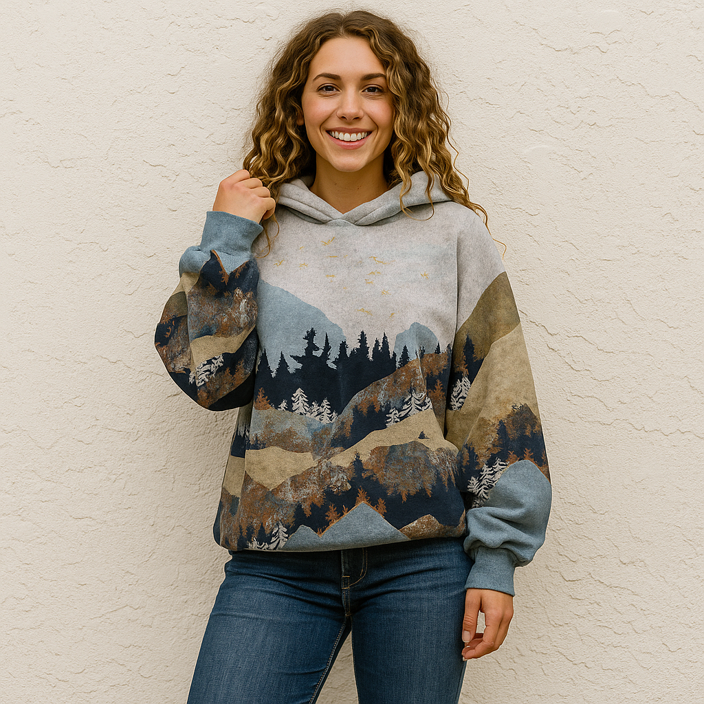 Louise | Harajuku Hoodie met Berglandschapprint – Stijlvol, Artistiek & Comfortabel