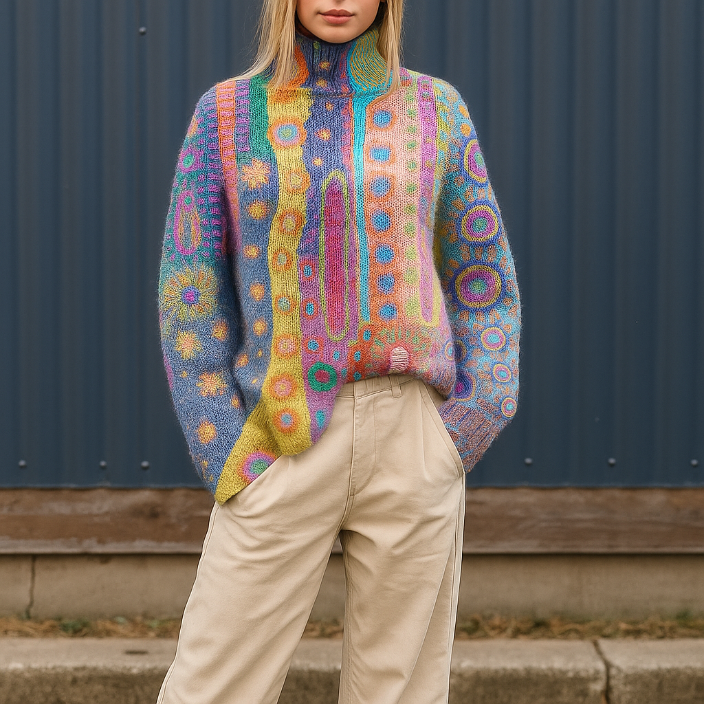 Elena™ Gebreide Coltrui voor Dames – Zachte, Kleurrijke Trui met Abstract Design