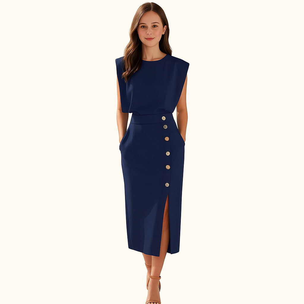 Midi Jurk met Ronde Hals & Knoopslit – Elegant, Comfortabel & Tijdloos